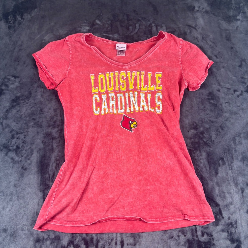 Campus Lifestyle T-Shirt Womens XL Red Louisville Cardinals V-Neck Acid Wash